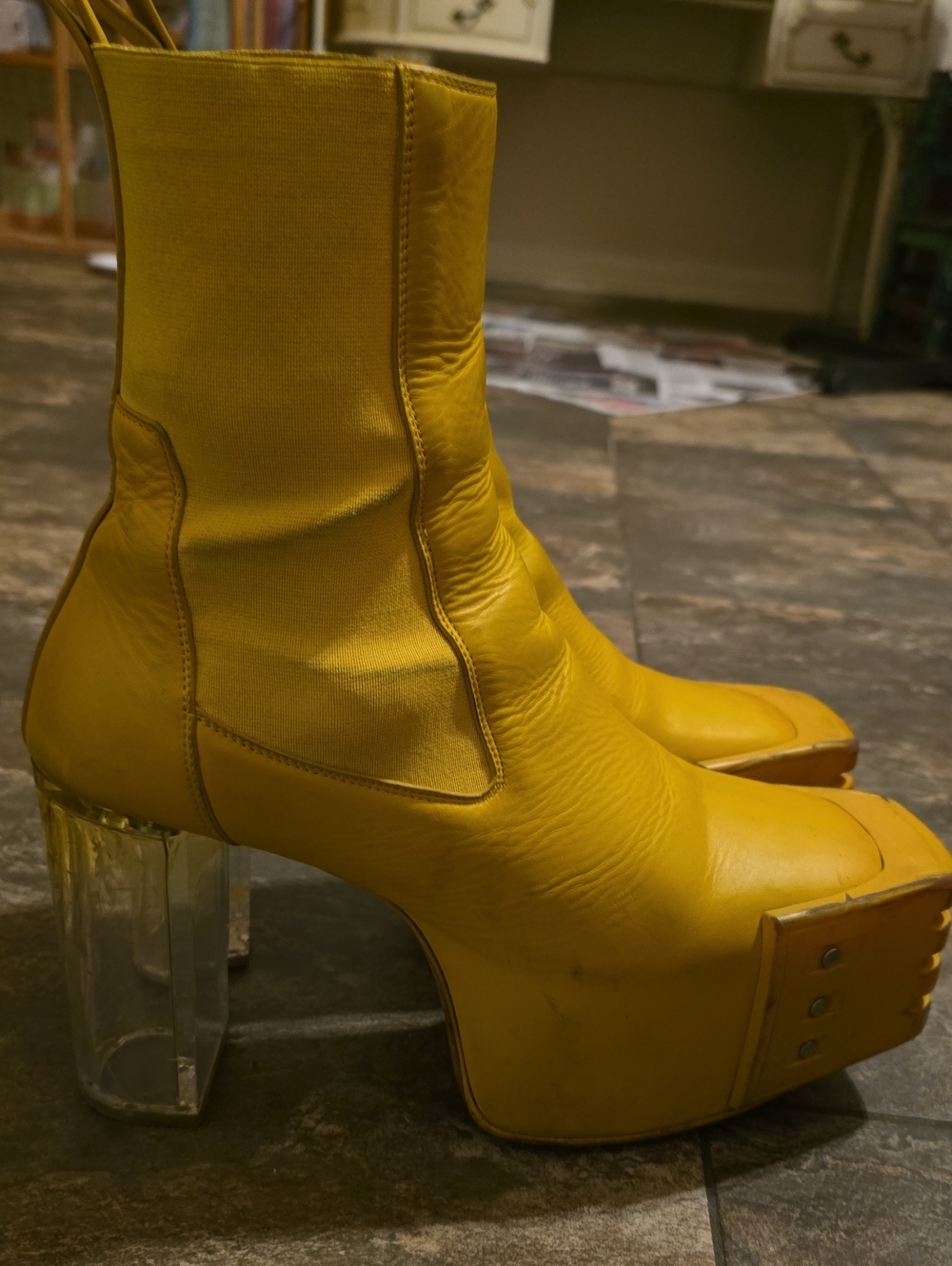 Rick Owens Yellow Platform Ankle Boots with Clear Block Heels
